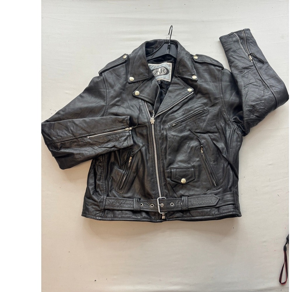Z1R Mens Black Leather Motorcycle Biker Jacket Belted Asymmetrical Size 48